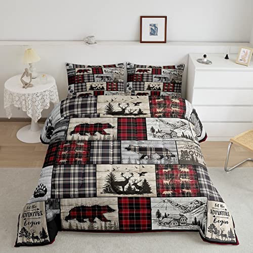 Rustic Cabin Comforter Set Twin Woodland Wolf Deer Bear Comforter For Kids Adults,Red Black Buffalo Plaid Bedding Set Wildlife Camping Lodge Mountain Quilt Bedding Southwestern Farmhouse Decor