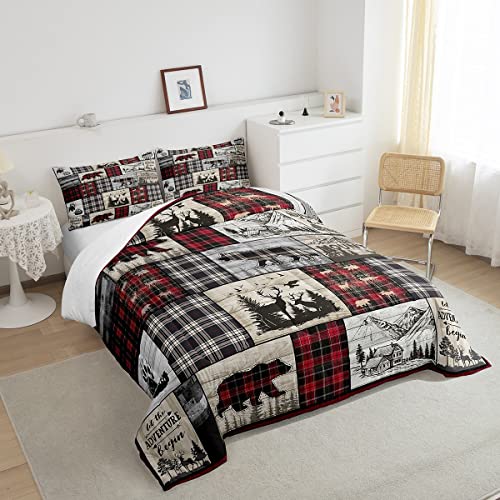 Rustic Cabin Comforter Set Twin Woodland Wolf Deer Bear Comforter For Kids Adults,Red Black Buffalo Plaid Bedding Set Wildlife Camping Lodge Mountain Quilt Bedding Southwestern Farmhouse Decor