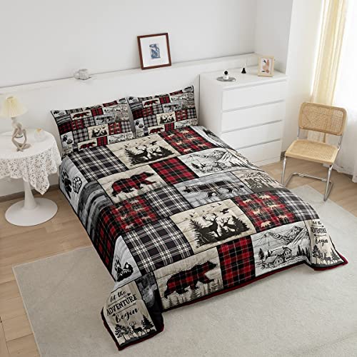 Rustic Cabin Comforter Set Twin Woodland Wolf Deer Bear Comforter For Kids Adults,Red Black Buffalo Plaid Bedding Set Wildlife Camping Lodge Mountain Quilt Bedding Southwestern Farmhouse Decor