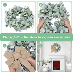 CEWOR 22 Inch Fall Wreath Flocked Lambs Ear Wreaths for Front Door Spring Summer Greenery Wreath for Wall Window with Two Bows (Burlap & Buffalo Plaid Bow)