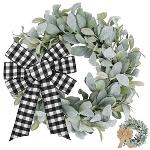 CEWOR 22 Inch Fall Wreath Flocked Lambs Ear Wreaths for Front Door Spring Summer Greenery Wreath for Wall Window with Two Bows (Burlap & Buffalo Plaid Bow)