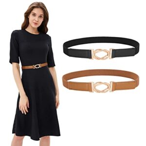 jasgood 2 pack women skinny elastic belt for dresses thin retro stretch ladies waist belt with gold buckle, a-black+brown, fit waist size 31”-36”