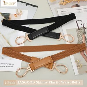 JASGOOD 2 Pack Women Skinny Elastic Belt for Dresses Thin Retro Stretch Ladies Waist Belt with Gold Buckle, A-Black+Brown, Fit Waist Size 31”-36”