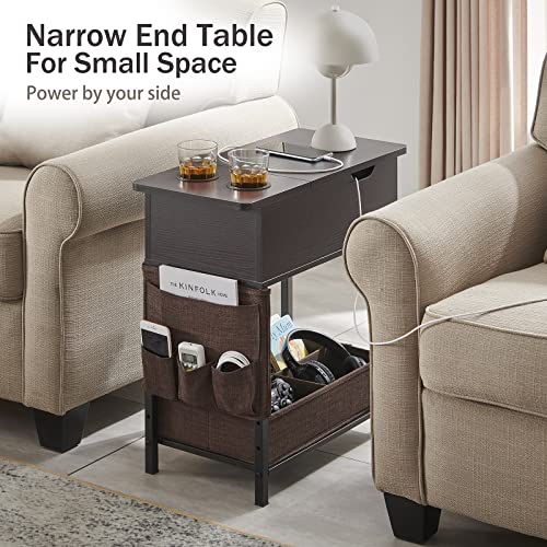 Lovitgo End Table with Power Outlet, Small Side Table with USB Ports & Fast Charging, Flip Top Nightstand with 2 Cup Holders & Fabric Drawer, Fabric Bag for Small Spaces,Living Room,Bedroom