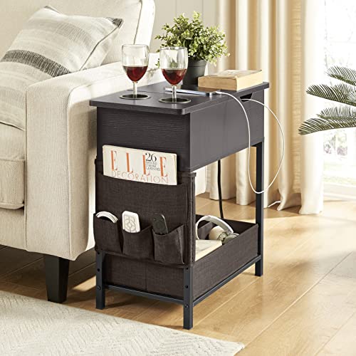 Lovitgo End Table with Power Outlet, Small Side Table with USB Ports & Fast Charging, Flip Top Nightstand with 2 Cup Holders & Fabric Drawer, Fabric Bag for Small Spaces,Living Room,Bedroom