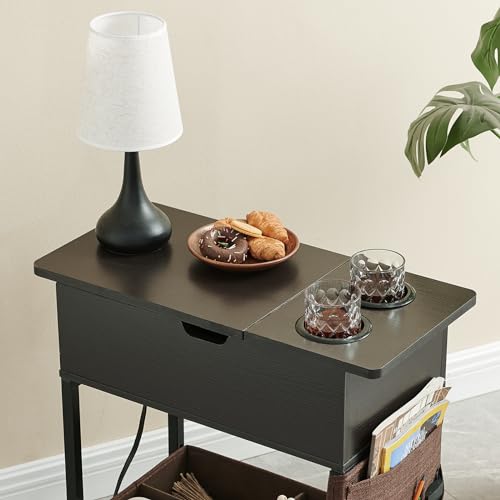 Lovitgo End Table with Power Outlet, Small Side Table with USB Ports & Fast Charging, Flip Top Nightstand with 2 Cup Holders & Fabric Drawer, Fabric Bag for Small Spaces,Living Room,Bedroom