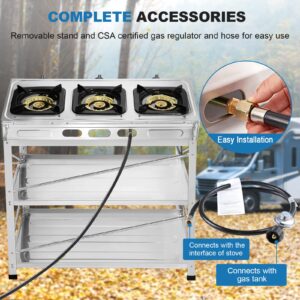 Propane Gas Stove 3 Burner Gas Stove with Removable Leg Stand Portable Gas Stove Auto Ignition Camping three Burner LPG for RV, Apartment, Outdoor