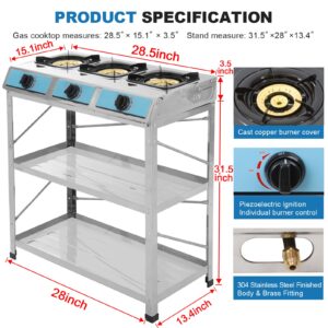 Propane Gas Stove 3 Burner Gas Stove with Removable Leg Stand Portable Gas Stove Auto Ignition Camping three Burner LPG for RV, Apartment, Outdoor
