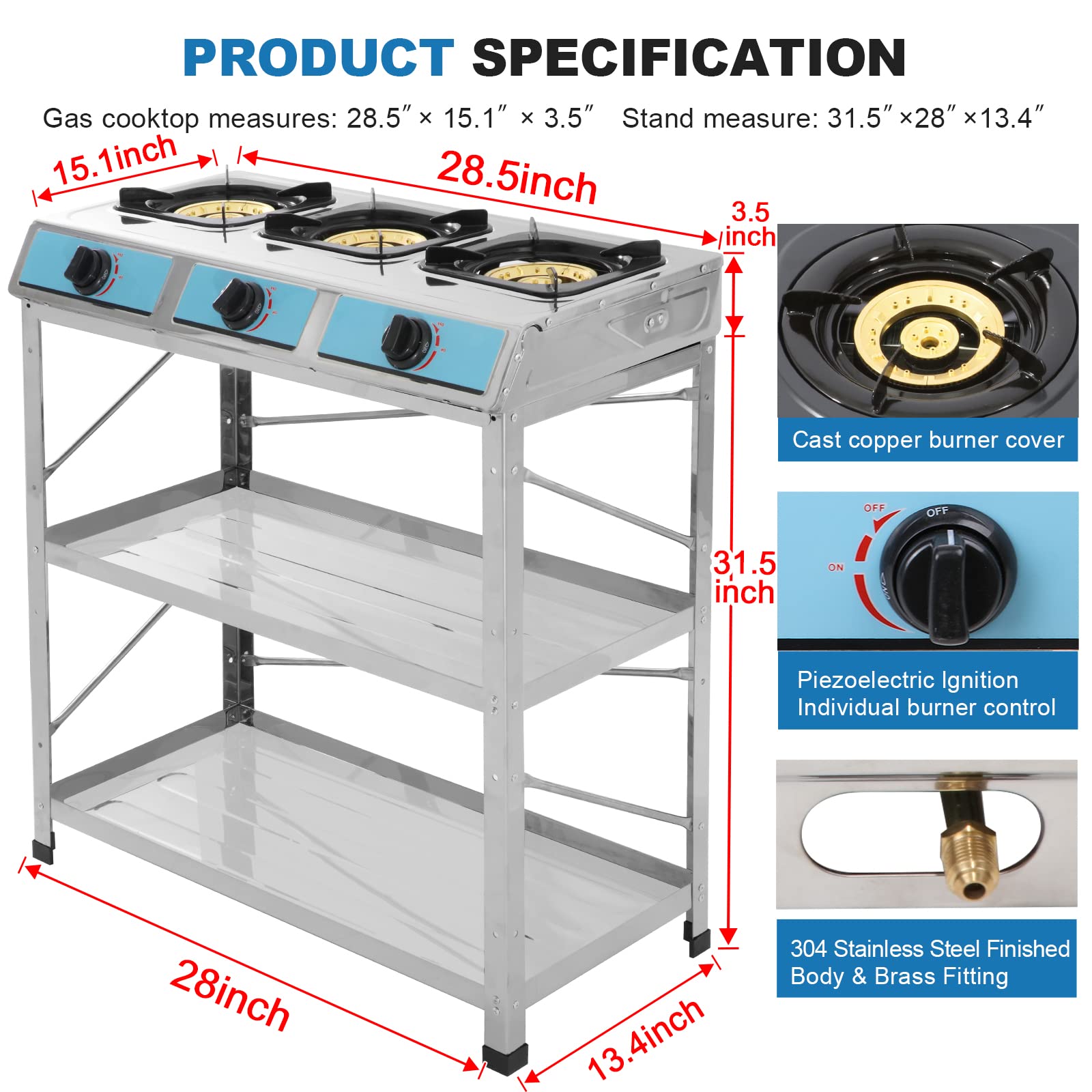 Propane Gas Stove 3 Burner Gas Stove with Removable Leg Stand Portable Gas Stove Auto Ignition Camping three Burner LPG for RV, Apartment, Outdoor