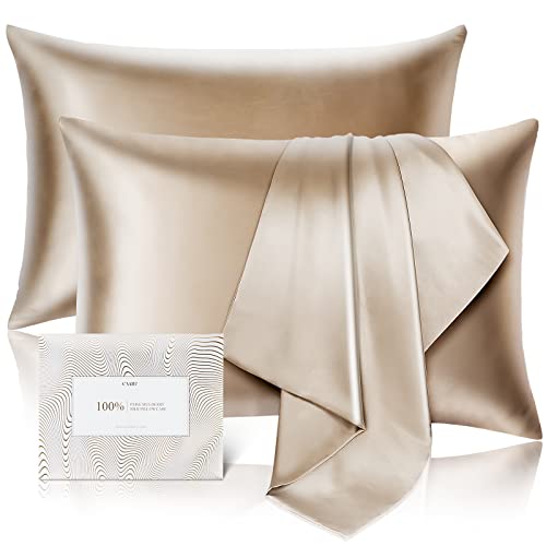 100% Mulberry Silk Pillowcase for Hair and Skin Set of 2,Allergen Resistant Dual Sides,600 Thread Count Silk Bed Pillow Cases with Hidden Zipper,2pcs,(Standard Size,Taupe)