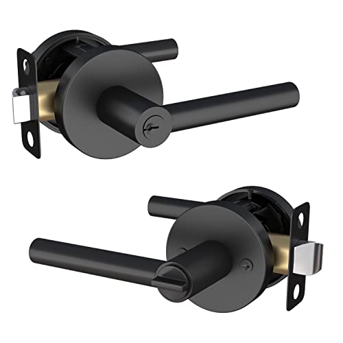 Mega Handles Entrance Handle I Entry Lever Door Handle - Heavy Duty Square Locking Lever Set for Left or Right-Handed Doors - Interior/Exterior Door Levers - Matte Black