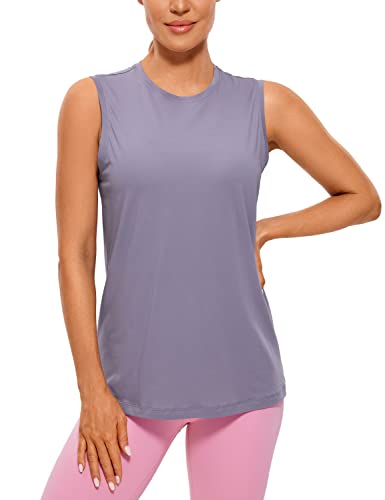 CRZ YOGA Pima Cotton Workout Tank Top for Women Loose Sleeveless Tops High Neck Yoga Tanks Athletic Gym Shirts Lavender Gray Medium