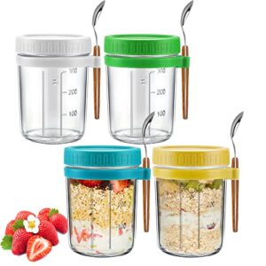 4 pack overnight oats jars with lids and spoons, 12 oz glass mason jars with airtight silicone gaskets - overnight oats mason overnight oats jars oatmeal container to go breakfast yogurt cereal, fruit