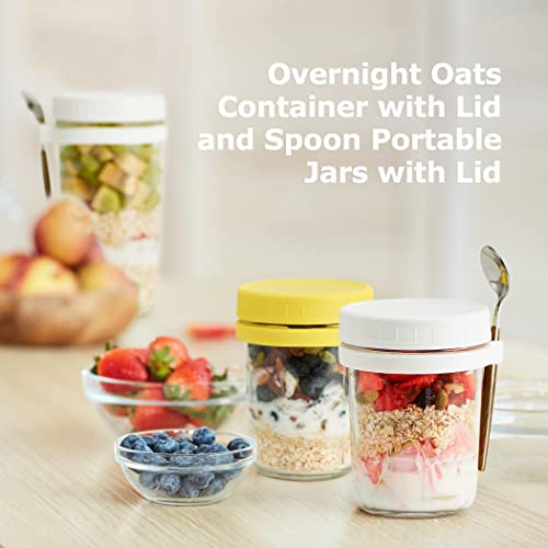 4 Pack Overnight Oats Jars with Lids and Spoons, 12 oz Glass Mason Jars with Airtight Silicone Gaskets - Overnight Oats Mason Overnight Oats Jars Oatmeal Container To Go Breakfast Yogurt Cereal, Fruit