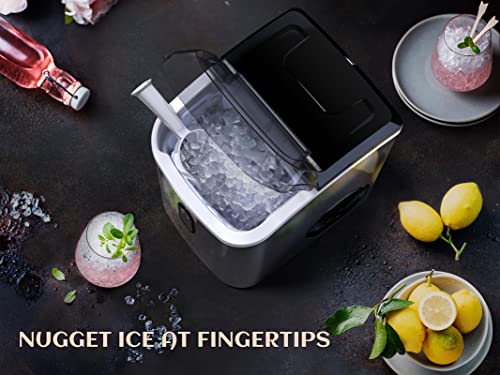 ecozy Nugget Ice Maker Countertop - Chewable Pellet Ice Cubes, 33 lbs Daily Output, Stainless Steel Housing, Self-Cleaning Ice Machine with Ice Bags for Parties, Kitchen, Bar, Office, Silver