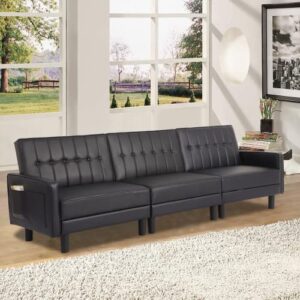 URRED Futon Sofa Bed Loveseat Sofa Sleeper, Loveseat Sofa Bed Tufted Design with Adjustable Backrest and Side Pockets (Black-3 Seats)