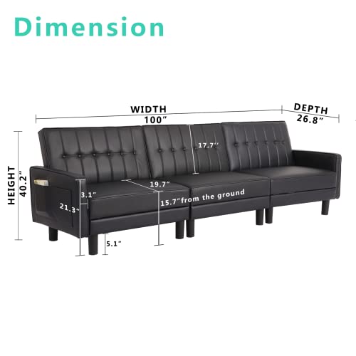 URRED Futon Sofa Bed Loveseat Sofa Sleeper, Loveseat Sofa Bed Tufted Design with Adjustable Backrest and Side Pockets (Black-3 Seats)