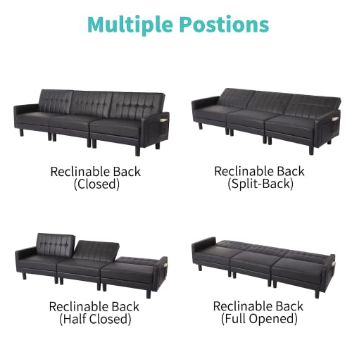 URRED Futon Sofa Bed Loveseat Sofa Sleeper, Loveseat Sofa Bed Tufted Design with Adjustable Backrest and Side Pockets (Black-3 Seats)