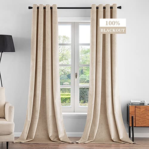 ANRODUO 100% Blackout Velvet Curtains 96 Inches Long Beige Curtain Drapes Darkening Thermal Insulated Grommet Curtains Window Drapes for Bedroom Luxury Curtains Room Decor W52 x L96 Set of 2