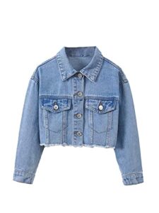 verdusa girl's raw hem long sleeve single breasted crop denim jacket outerwear light blue 9y