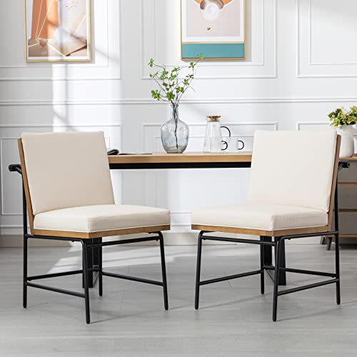 DUOMAY Mid-Century Modern Dining Chairs Set of 2, PU Leather Side Chair with Rear Handle, Armless Chair with Metal Legs for Kitchen Dining Room Living Room Vanity, Beige