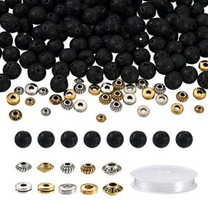 bestewelry 300pcs natural stone lava rock alloy beads kit flat round donut metal spacer beads gemstone chakra beads with crystal string for diy essential oil gemstone bracelet making