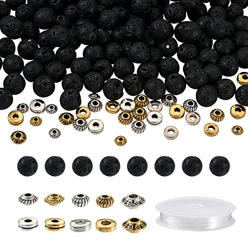 Bestewelry 300Pcs Natural Stone Lava Rock Alloy Beads Kit Flat Round Donut Metal Spacer Beads Gemstone Chakra Beads with Crystal String for DIY Essential Oil Gemstone Bracelet Making