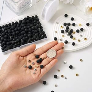 Bestewelry 300Pcs Natural Stone Lava Rock Alloy Beads Kit Flat Round Donut Metal Spacer Beads Gemstone Chakra Beads with Crystal String for DIY Essential Oil Gemstone Bracelet Making