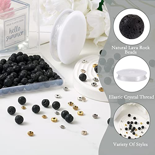 Bestewelry 300Pcs Natural Stone Lava Rock Alloy Beads Kit Flat Round Donut Metal Spacer Beads Gemstone Chakra Beads with Crystal String for DIY Essential Oil Gemstone Bracelet Making