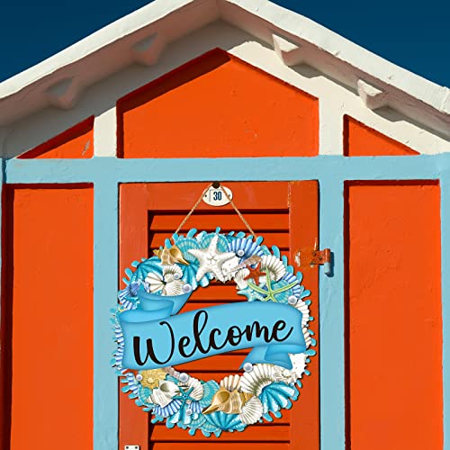 Hello Summer Wreath Sign Ocean Beach Wooden Hanging Wreath Decor Ornament Wood Farmhouse Beach Starfish Door Decor Beach Theme Hanger for Front Door Porch Home Wall Window Indoor Outdoor Decor