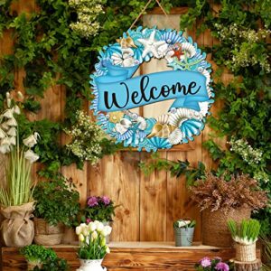 Hello Summer Wreath Sign Ocean Beach Wooden Hanging Wreath Decor Ornament Wood Farmhouse Beach Starfish Door Decor Beach Theme Hanger for Front Door Porch Home Wall Window Indoor Outdoor Decor