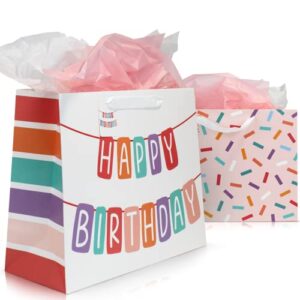 beautiful birthday gift bags set of 2 - large 16" bags with handles incl. matching tissue paper, cards & stickers - reusable and perfect for presents of any girls/boys kids party & special occasion