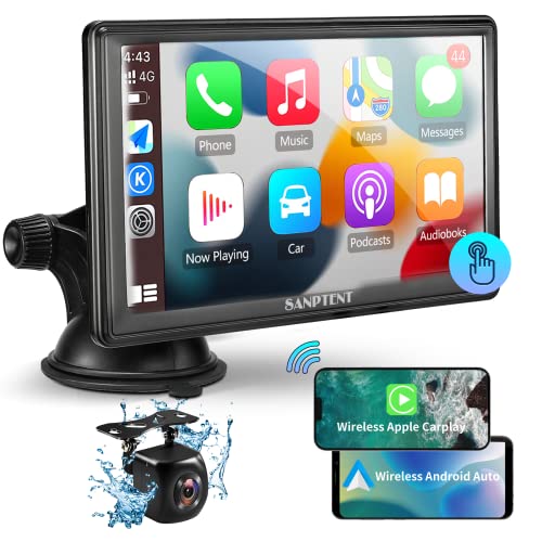 SANPTENT Wireless Apple CarPlay Dash Mount, Portable Car Stereo, Android Auto, Drivemate, 7-Inch Full HD Touchscreen, Car Audio Receiver, Bluetooth Handsfree, Car Buddy, Rear Camera, TF/USB/AUX Input