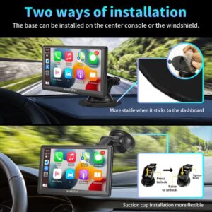 SANPTENT Wireless Apple CarPlay Dash Mount, Portable Car Stereo, Android Auto, Drivemate, 7-Inch Full HD Touchscreen, Car Audio Receiver, Bluetooth Handsfree, Car Buddy, Rear Camera, TF/USB/AUX Input