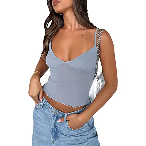 KOSUSANILL Women's Y2K Backless Slim Fit V-Neck Cami Crop Top with Lace, Gray Patchwork, Sleeveless Summer Party Wear