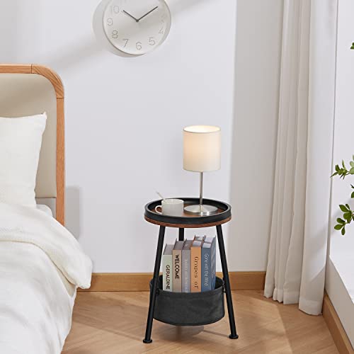 LEMONDA 3 Legs Round End Table, 2 Tier Round Side Table with Storage Basket,11.8*17.8inches Round Metal Sofa Side Table,Small Round Nightstand,Small Coffee Table for Living Room Bedroom/Rustic Brown