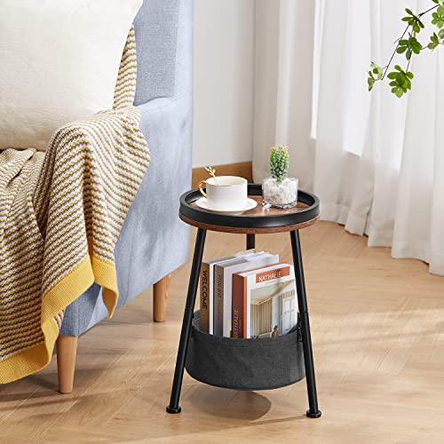 LEMONDA 3 Legs Round End Table, 2 Tier Round Side Table with Storage Basket,11.8*17.8inches Round Metal Sofa Side Table,Small Round Nightstand,Small Coffee Table for Living Room Bedroom/Rustic Brown