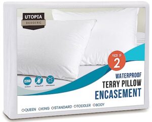 utopia bedding pillow protectors with zipper standard size (2 pack), white, waterproof terry pillow encasement, bed bug and dust mite proof pillow covers