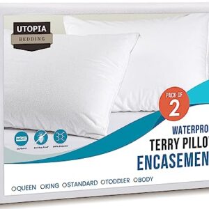 Utopia Bedding Pillow Protectors with Zipper Standard Size (2 Pack), White, Waterproof Terry Pillow Encasement, Bed Bug and Dust Mite Proof Pillow Covers