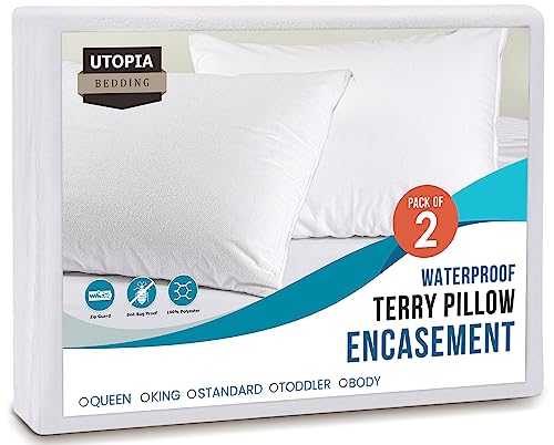 Utopia Bedding Pillow Protectors with Zipper Standard Size (2 Pack), White, Waterproof Terry Pillow Encasement, Bed Bug and Dust Mite Proof Pillow Covers