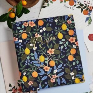 RIFLE PAPER CO. Citrus Grove Recipe Binder - 16 Tabbed Dividers, 10 Clear Recipe Card Sleeves, 1" Three-Ring Style, 11.5"L x 9.75"W, Double-Sided Pocket Folder and Adhesive Labels, Reinforced Corners