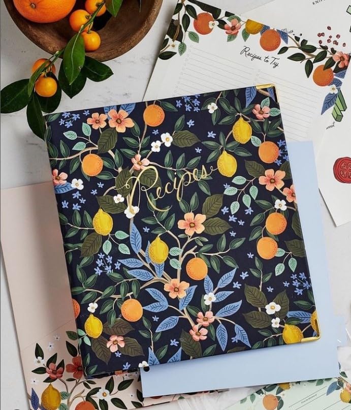 RIFLE PAPER CO. Citrus Grove Recipe Binder - 16 Tabbed Dividers, 10 Clear Recipe Card Sleeves, 1" Three-Ring Style, 11.5"L x 9.75"W, Double-Sided Pocket Folder and Adhesive Labels, Reinforced Corners