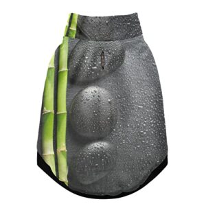 black zen basalt stones with dew green bamboo on dark pet winter vest coat with hanging holes, windproof fleece extra warm dog cat jacket sweater clothes apparel for cold weather xxs