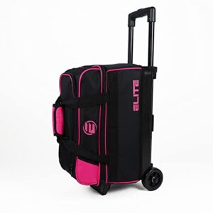 elite basic double roller 2 ball bowling bag with wheels | large top pocket for accessories or bowling shoes up to size 15 | retractable handle extends to 37" (pink)