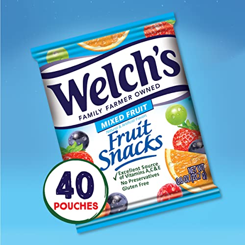 Welch's Fruit Snacks, Mixed Fruit, Perfect Halloween Candy Bulk Pack, Gluten Free, Individual Single Serve Bags, 0.8 oz (Pack of 40)