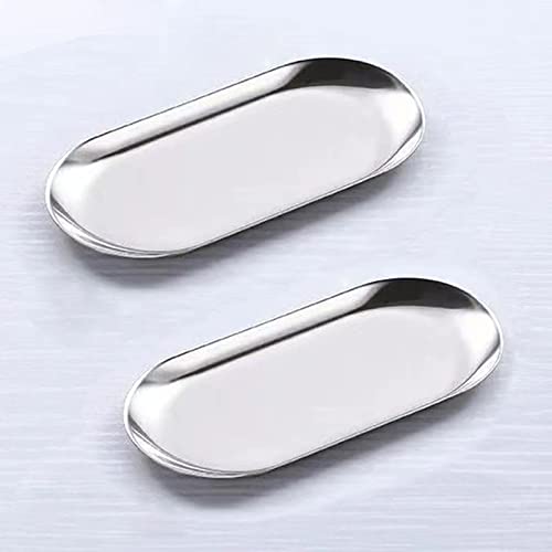 Hbluefat 2Pcs 7In Small Silvery Stainless Steel Decorative Tray,for Serving Decorative Gold Jewelry Dish Key Bowl Towel Mirror Candle Dresser Decor Metal Perfume Trim Storage Dessert(Oval) (Silvery)