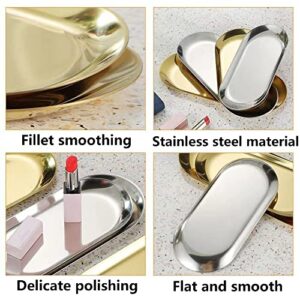 Hbluefat 2Pcs 7In Small Silvery Stainless Steel Decorative Tray,for Serving Decorative Gold Jewelry Dish Key Bowl Towel Mirror Candle Dresser Decor Metal Perfume Trim Storage Dessert(Oval) (Silvery)