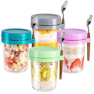 surehome overnight oats containers with lids and spoon, 4 pack glass mason jars for overnight oats oatmeal container to go 16 oz meal prep jars with measurement scale for pudding milk cereal salad