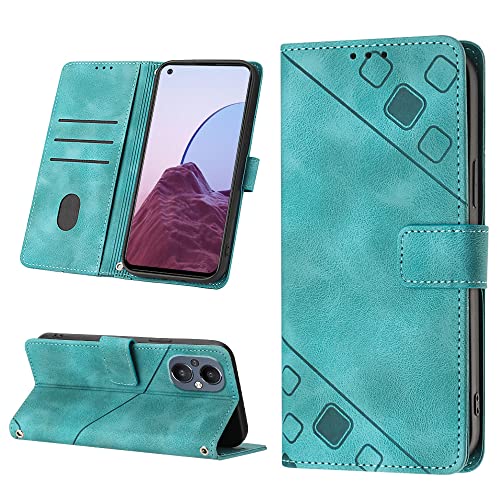 NVWA Compatible with Oppo A96 / Reno 7Z 5G Case with Wallet Credit Card Slots Kickstand and a Wrist Strap Green Leather Protective Cover with Embossed Design