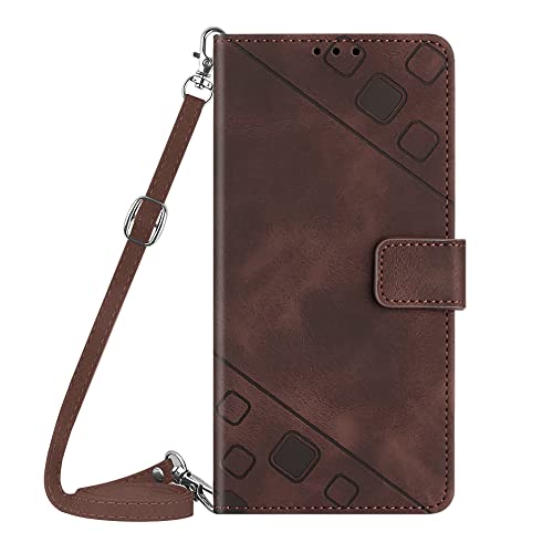 NVWA Compatible with Oppo A96 / Reno 7Z 5G Credit Card Case with Wallet Kickstand Wrist Strap and Long Lanyard Brown Leather Crossbody Protective Cover with Embossed Design